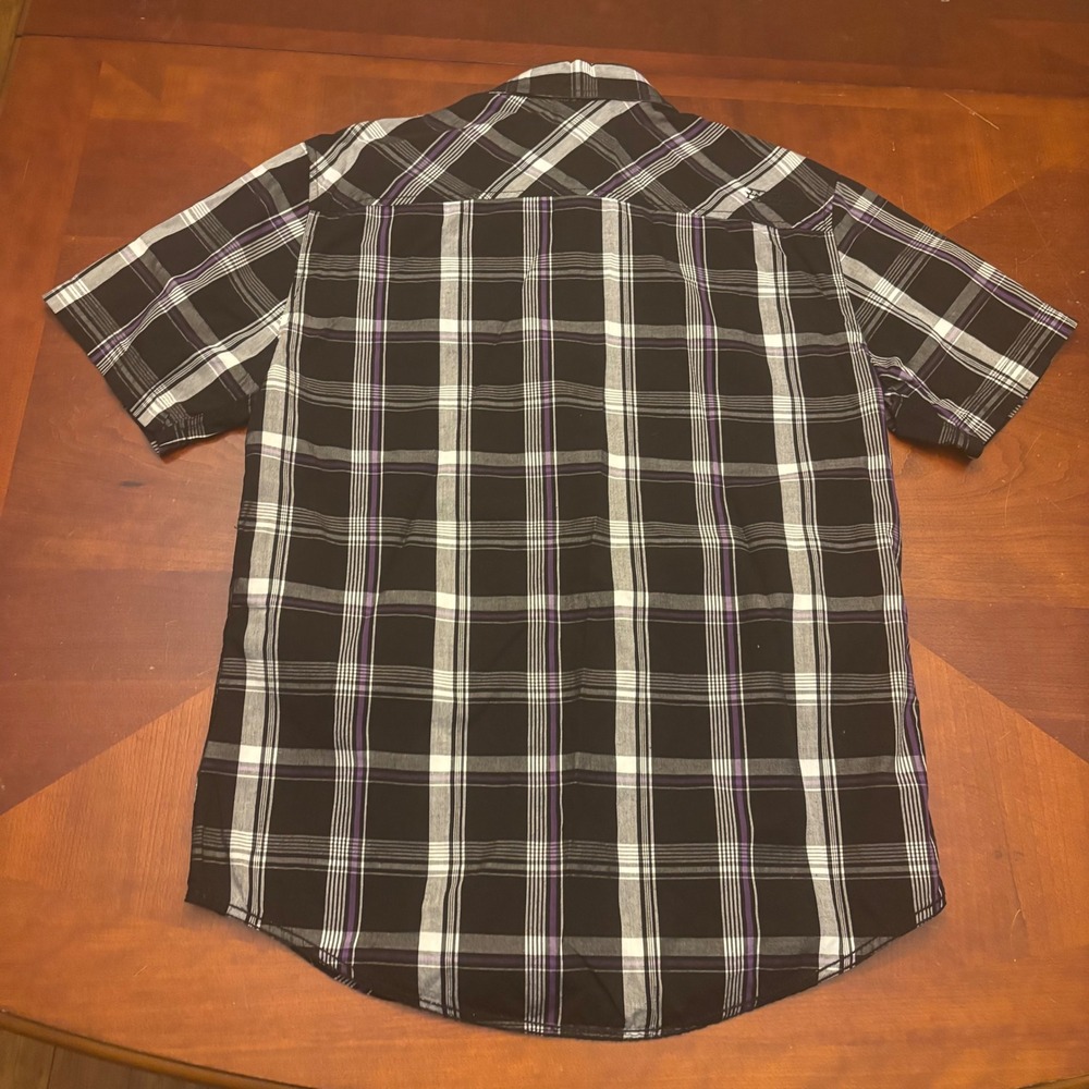 No Fear 90s Men's Medium Plaid Short Sleeve Button Up Shirt - Black Purple White - Picture 3 of 16